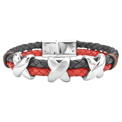 Double Round Black & Red Braided Leather Bracelet