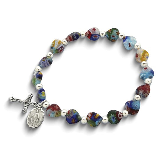 Multicolored Glass Heart Medal and Crucifix Bracelet