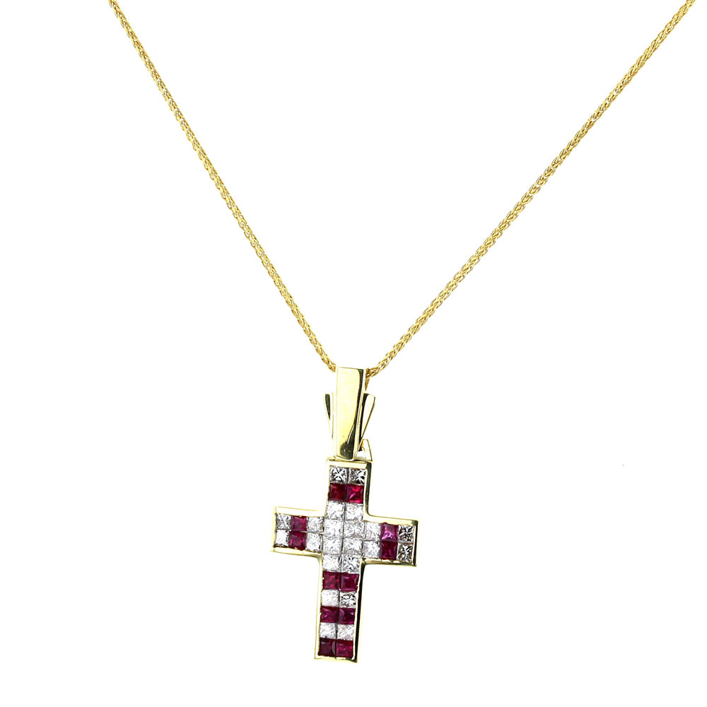 Yellow Gold Ruby & Diamond Cross Pendant