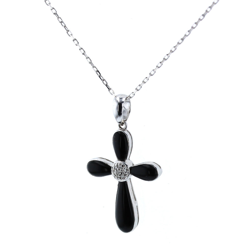 White Gold Diamond & Onyx Cross Pendant