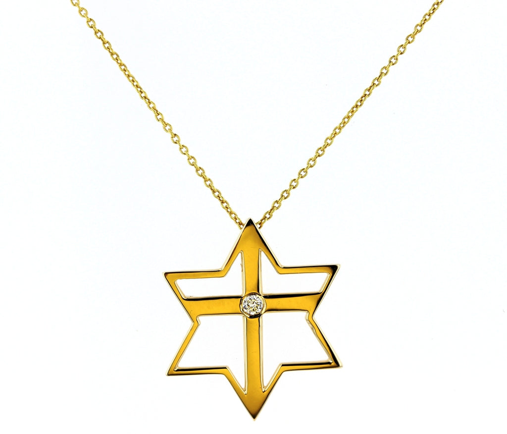 Yellow Gold Diamond Star Of David & Cross Pendant