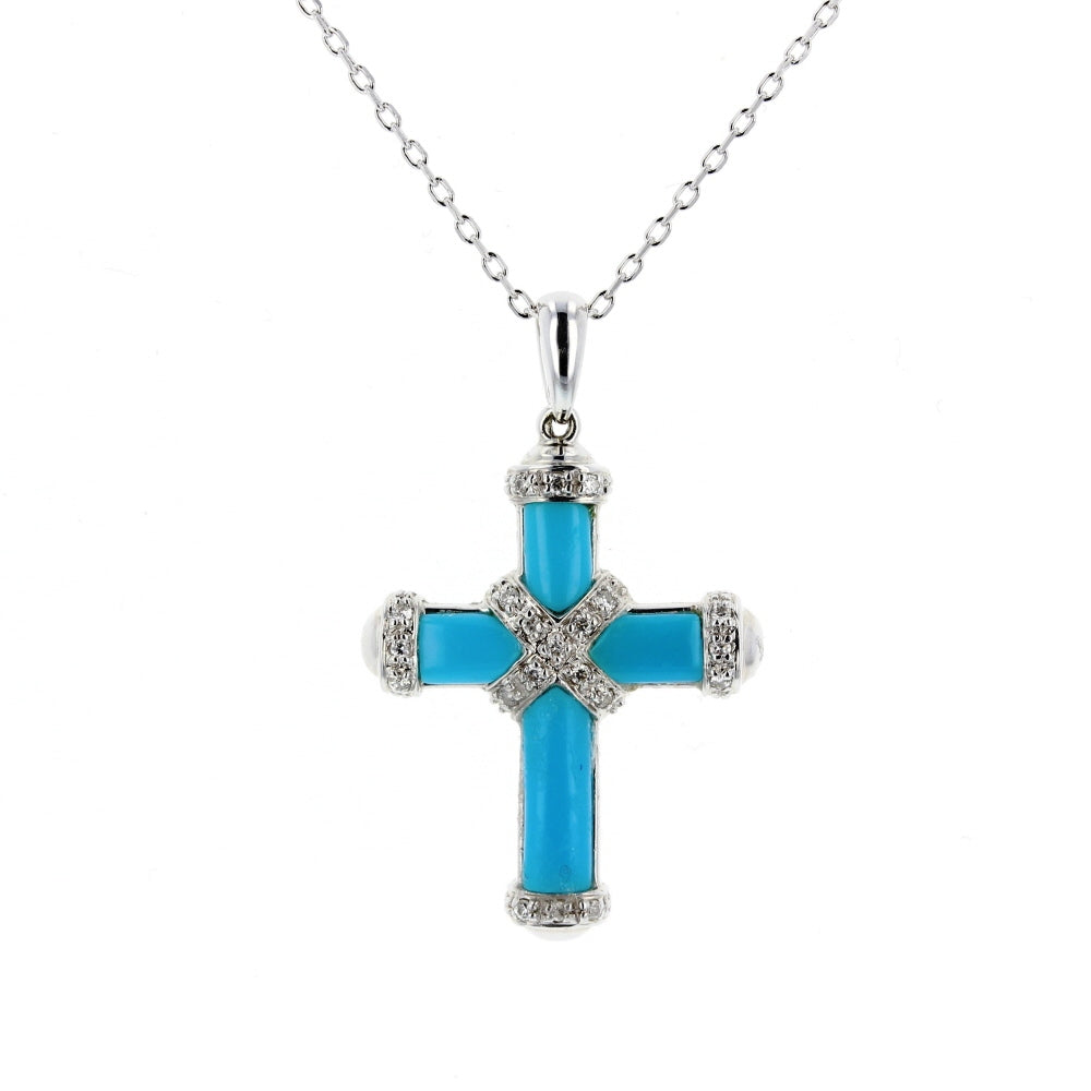 White Gold Cross Diamond & Turquoise Pendant