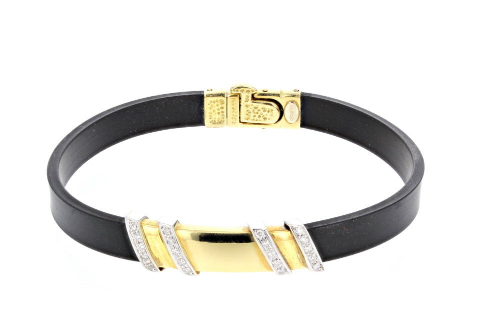 18kt Bar Black Rubber Men's Two Tone Gold bracelet
