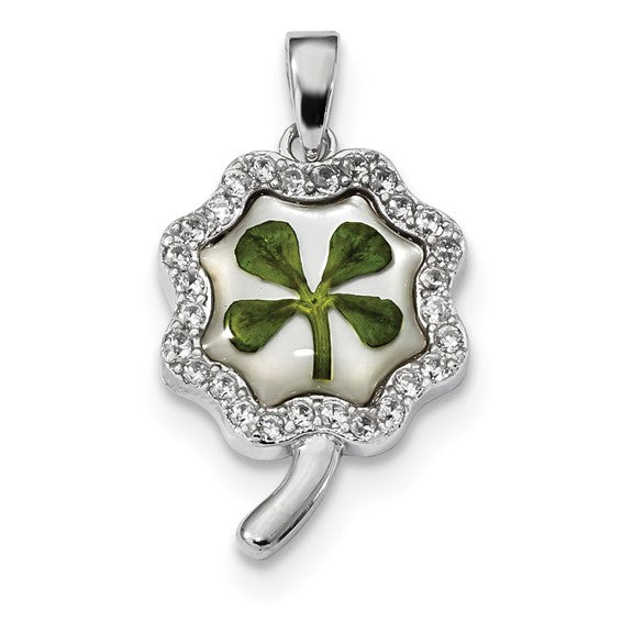 Leaf Clover Epoxy and Shell CZ Pendant
