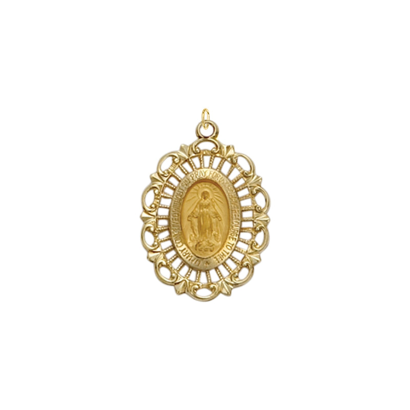 Gold Oval with Polished Border Filigree Miraculous Medal