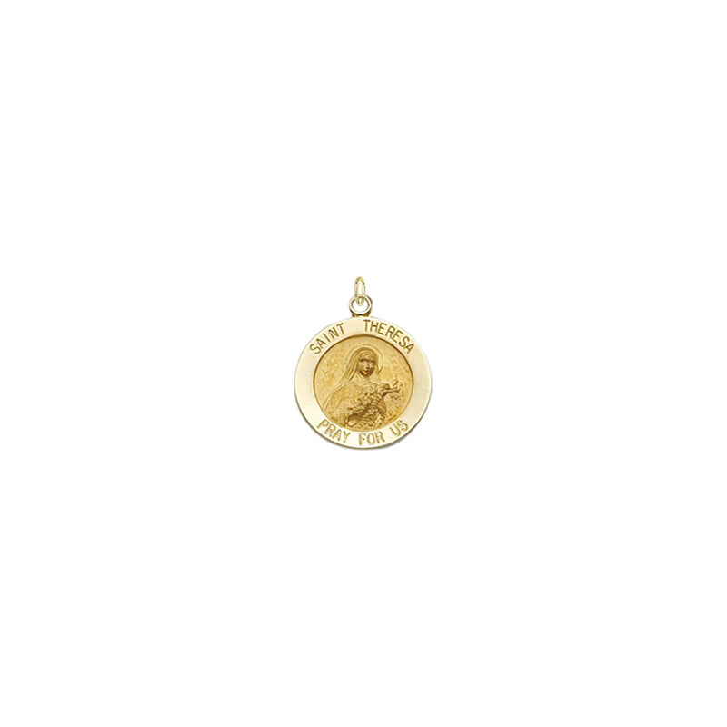 5/8 Inch Gold Round St. Theresa Medal, Patron Saint of Aviators and Missions