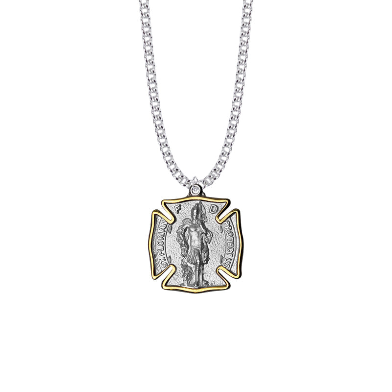 1-1/8 Two-Tone Sterling Silver St. Florian Shield Medal, Patron Saint of Firefighters