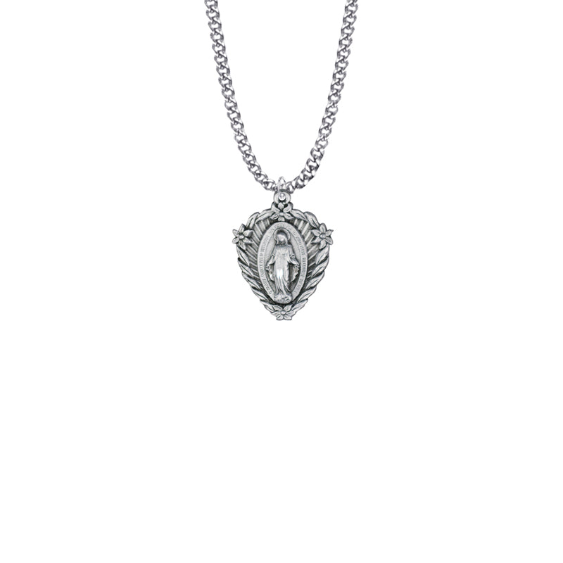 Sterling Silver Heart and Flowers Miraculous Medal