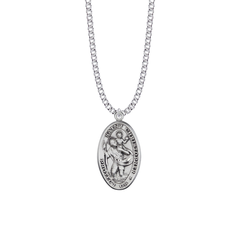 1-5/16 Inch Sterling Silver Oval St. Christopher Medal, Patron Saint of Travelers