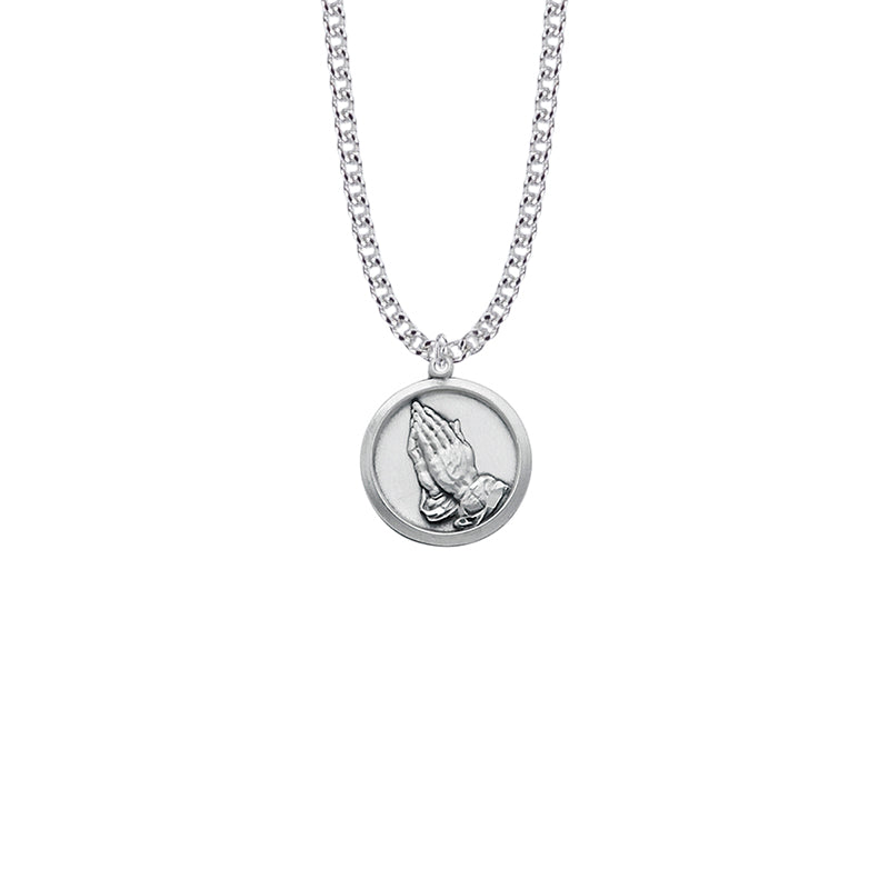 Round Sterling Silver Praying Hands Medal with Serenity Prayer