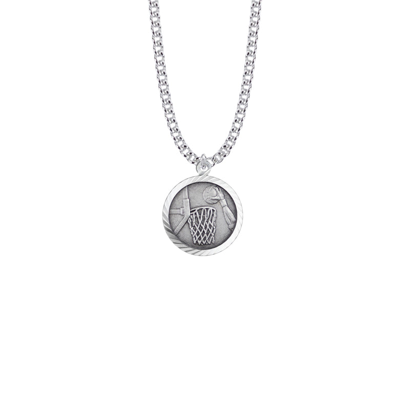Round Sterling Silver Boy's Basketball Medal with St. Christopher on Back