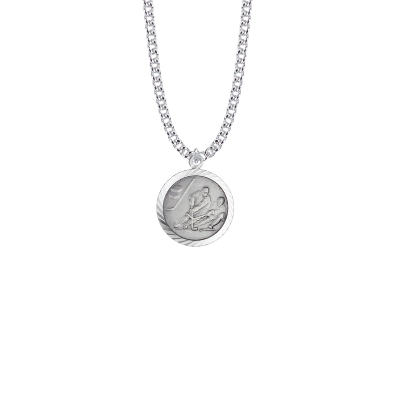 Round Sterling Silver Boy's Ice Hockey Player Medal with St. Christopher on Back