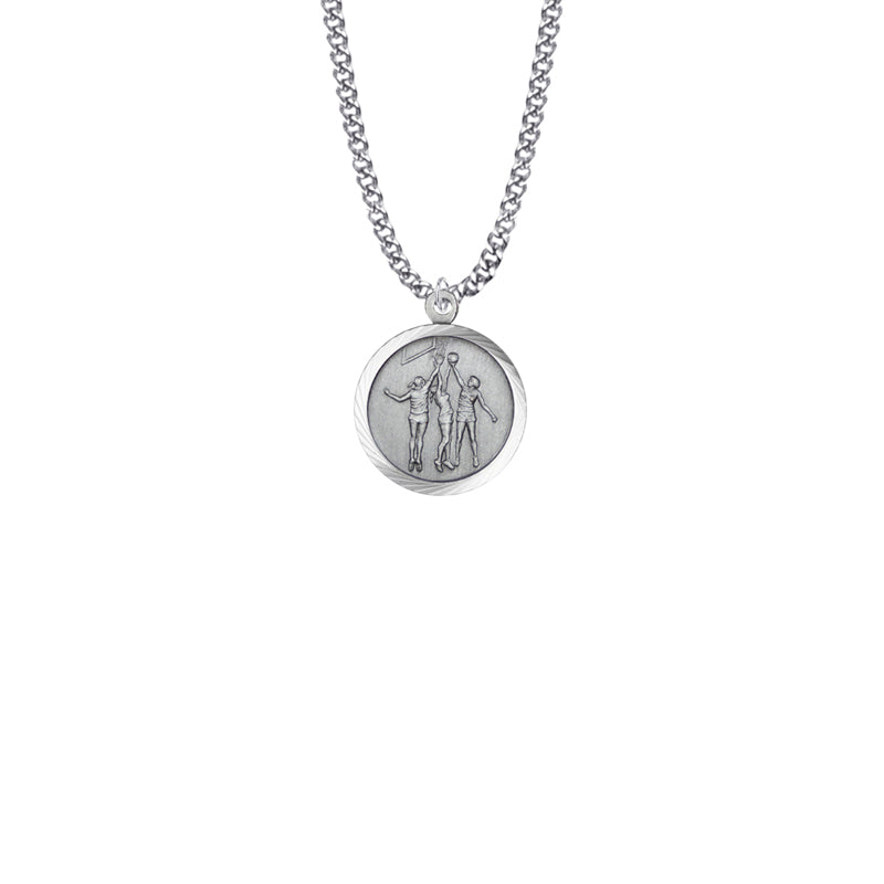 Round Sterling Silver Girl's Basketball Player Medal with St. Christopher on Back