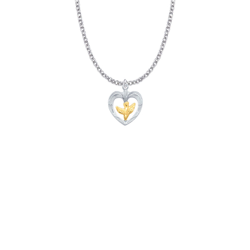 11/16 Inch Two-Tone Sterling Silver Dove and Open Heart Necklace