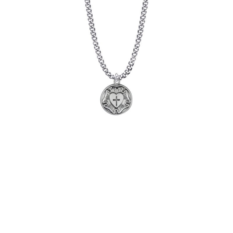 11/16 Inch Round Sterling Silver Diamond Engraved Lutheran Rose Medal