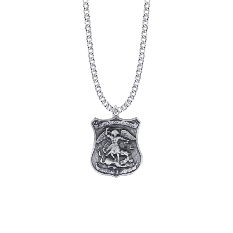 1-/16 Inch Pewter St. Michael Shield Medal, Patron Saint of Police Officers