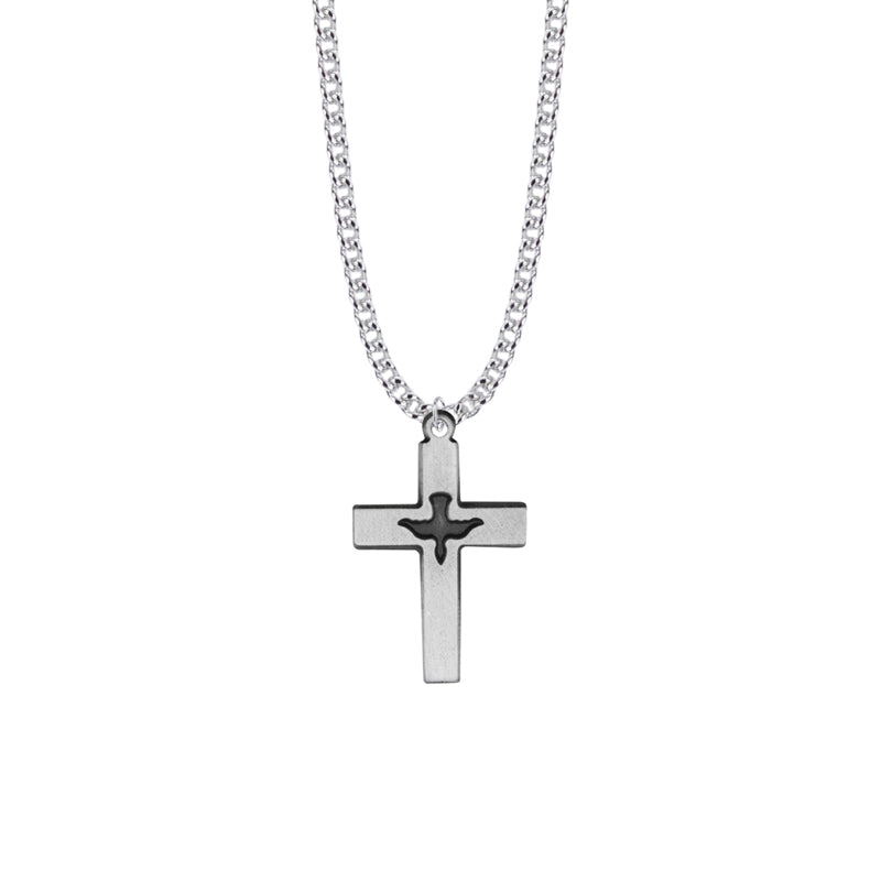 Pewter Pierced Descending Dove Boy Confirmation Cross Necklace