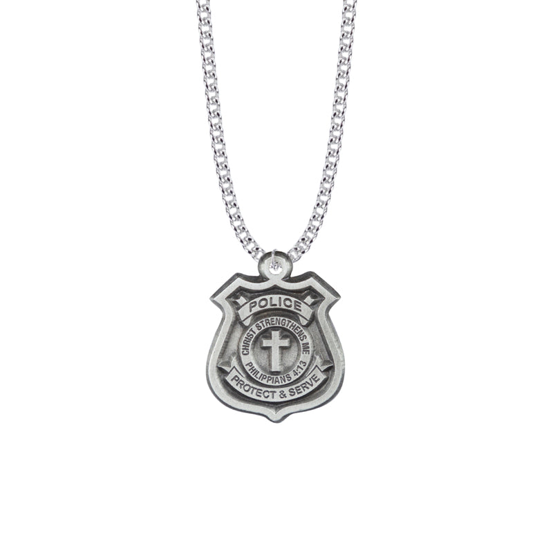 Pewter Police Shield Medal with Cross and Philippians 4:13 on Back