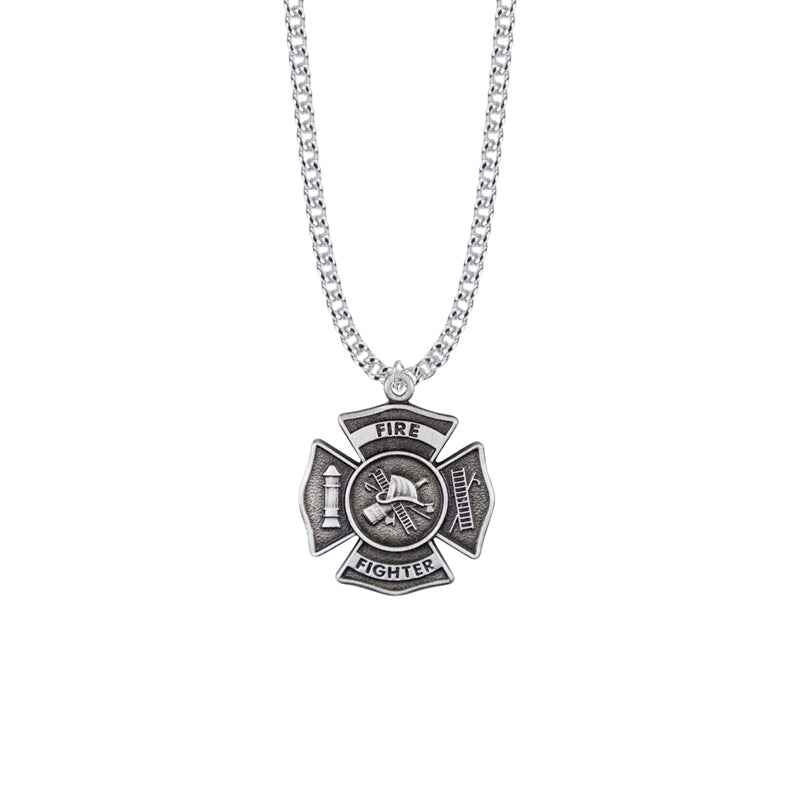 Pewter Firefighter Shield Medal with Cross and Philippians 3:14 on the Back