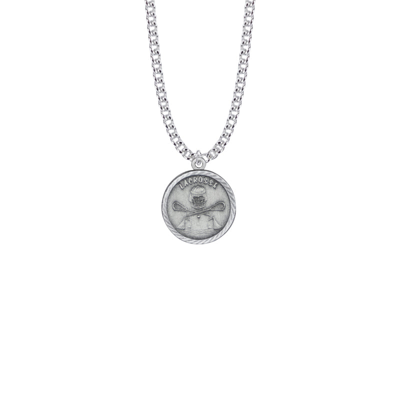 Pewter Round Lacrosse Medal with St. Christopher on Back