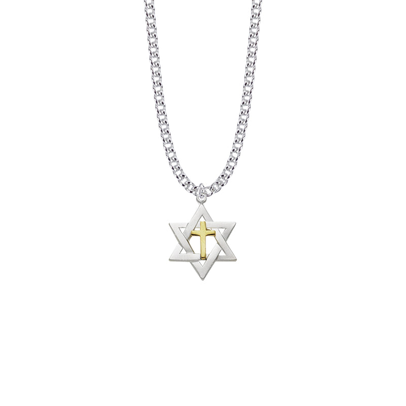 Sterling Silver Two-Tone Star of David with Cross Necklace