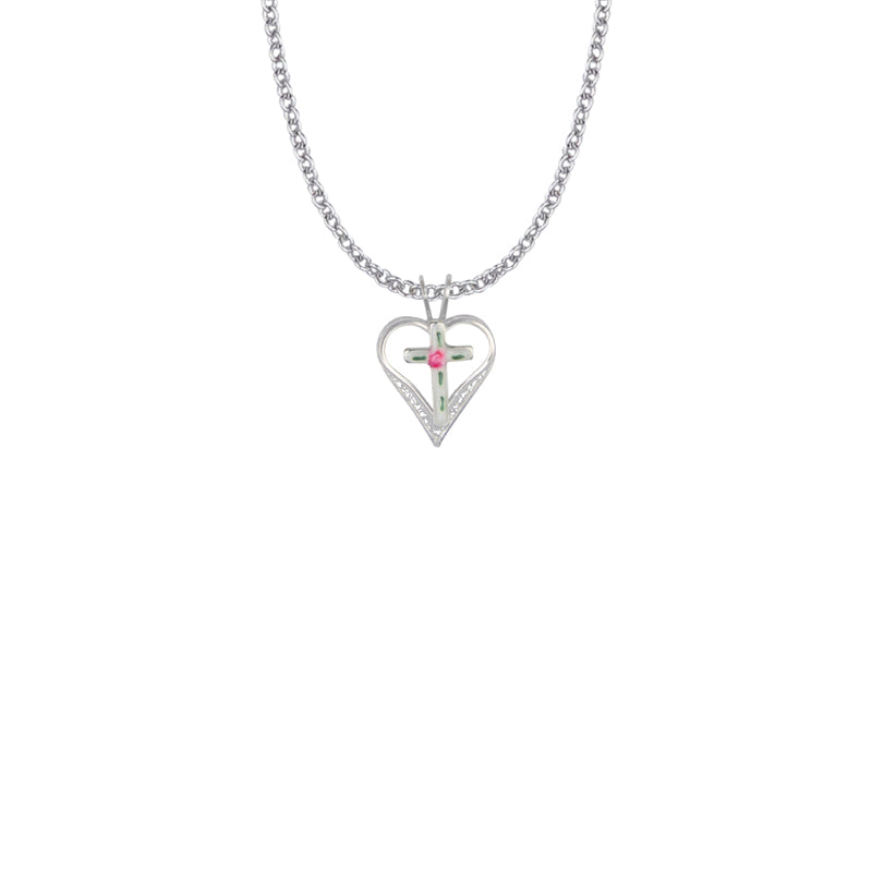 11/16 Inch Sterling Silver Enameled Filigree Cross and Heart Necklace