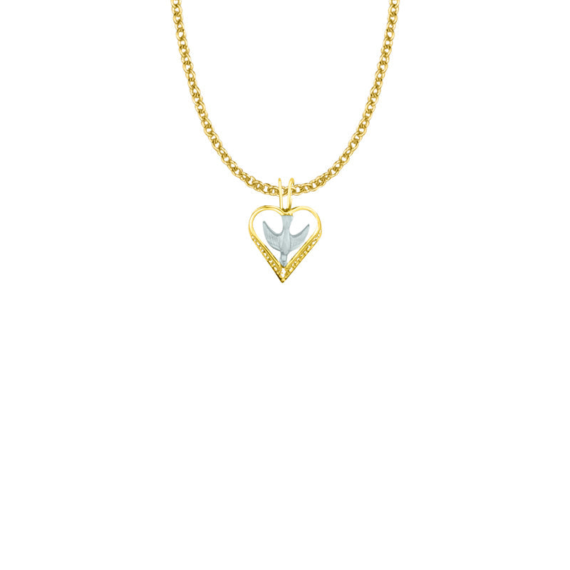Two-Tone Gold Plated Over Sterling Silver Dove and Filigree Heart Necklace