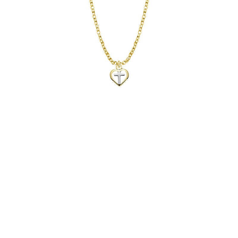 3/8 Inch Two-Tone Gold Plated Over Sterling Silver Heart with Cross Baby Necklace