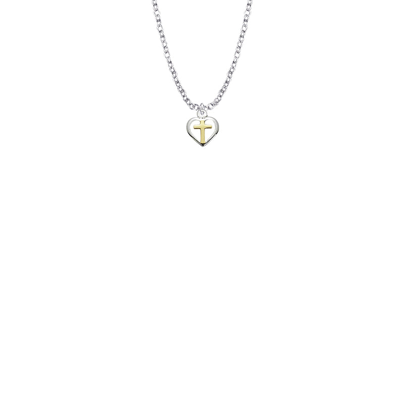 3/8 Inch Two-Tone Sterling Silver Heart with Cross Baby Necklace