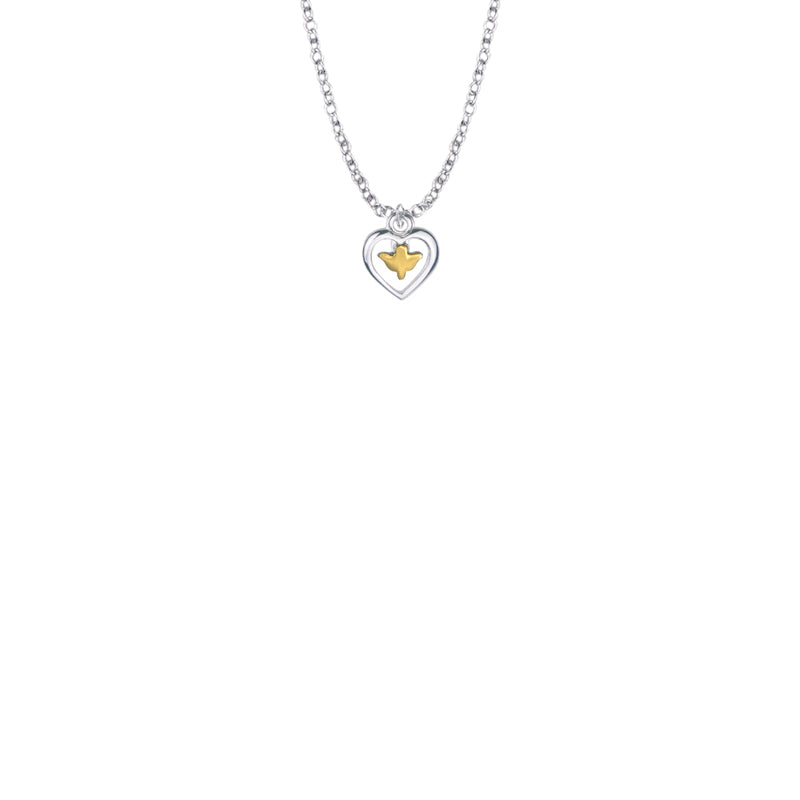 7/16 Inch Two-Tone Sterling Silver Dove and Open Heart Baby Necklace