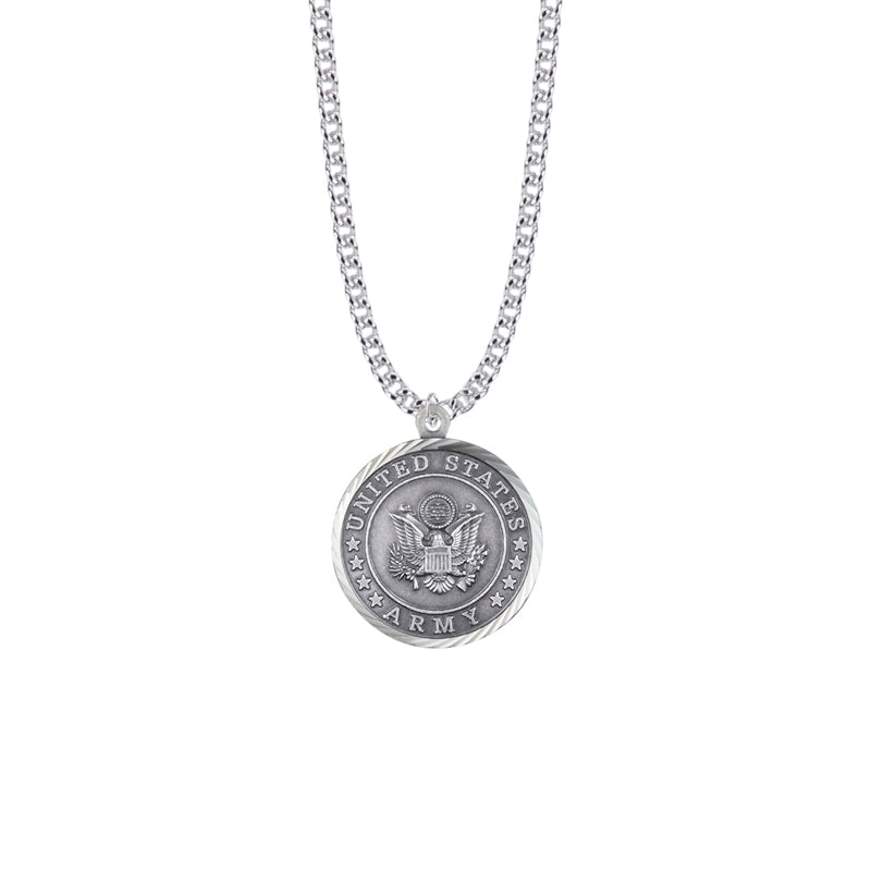 Round Sterling Silver U.S. Army Symbol Medal with Cross and Philippians 4:13 on the Back