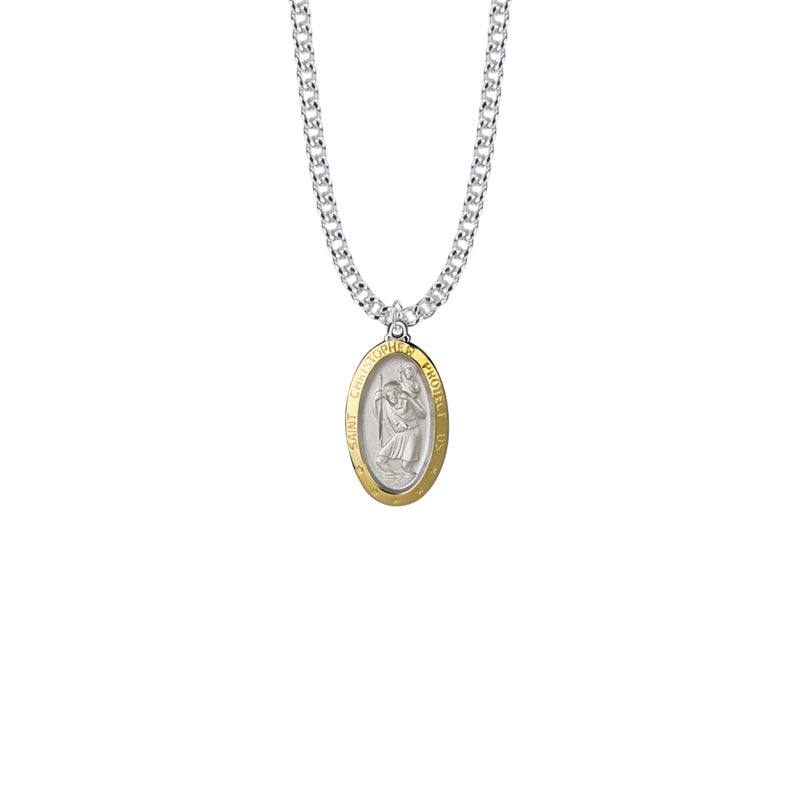 Two-Tone Sterling Silver Oval St. Christopher Medal, Patron Saint of Travelers