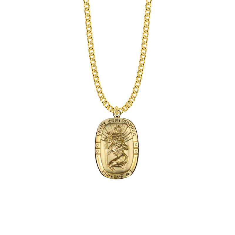 Gold Plated Over Sterling Silver Rounded Rectangle St. Christopher Medal, Patron Saint of Travelers