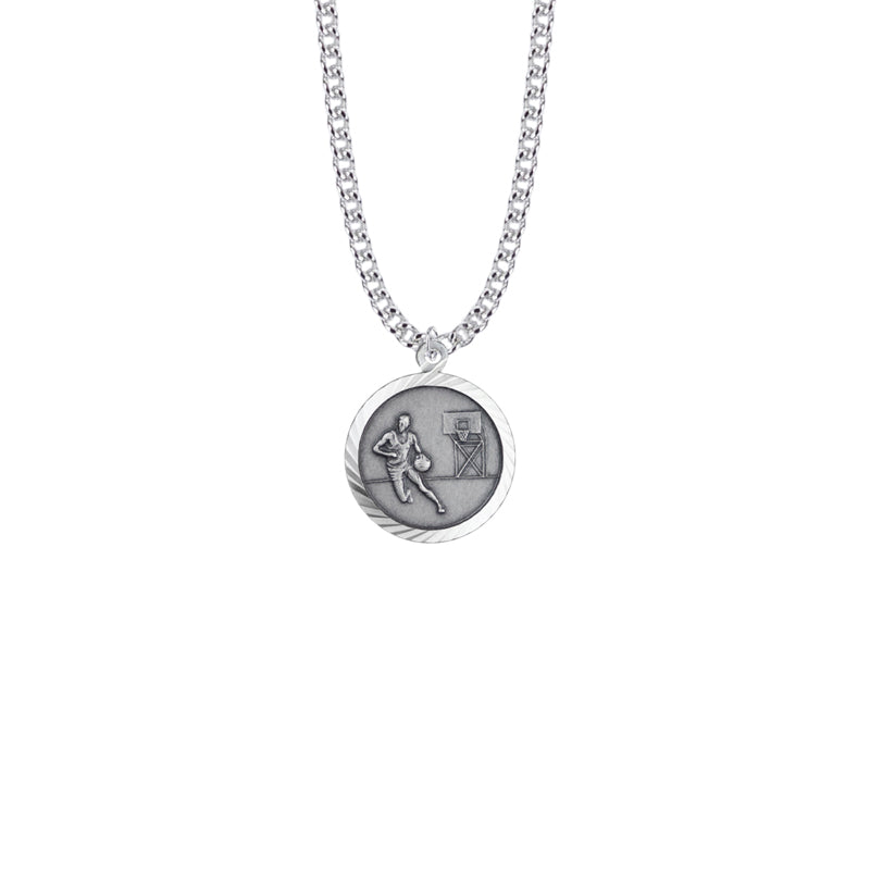 Round Sterling Silver Boy's Basketball Player Medal with St. Christopher on Back