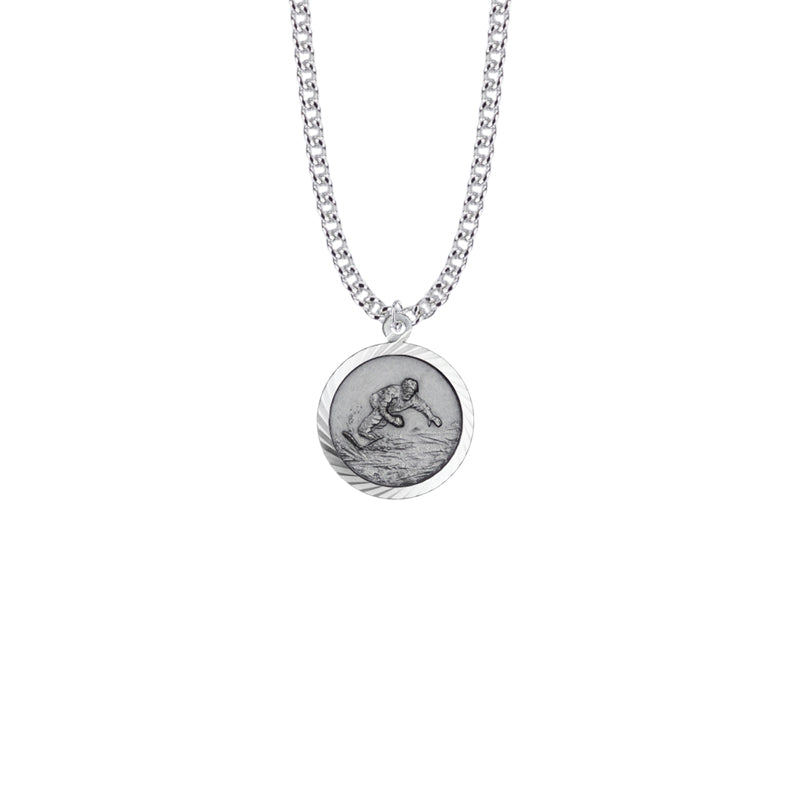 Round Sterling Silver Boy's Snowboarding Medal with St. Christopher on Back