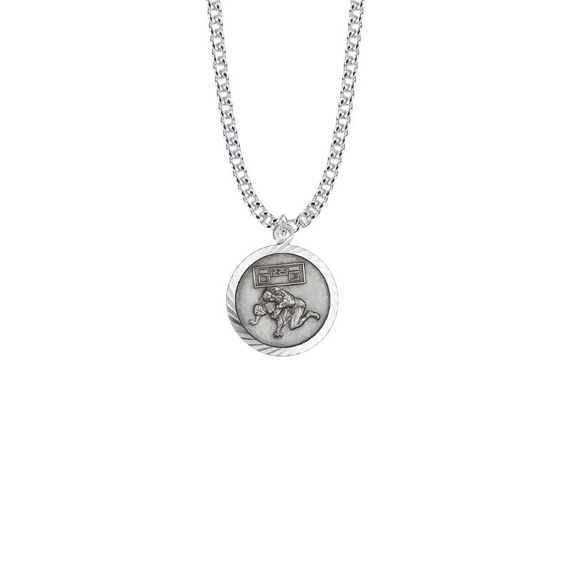 Round Sterling Silver Boy's Wrestling Medal with St. Christopher on Back