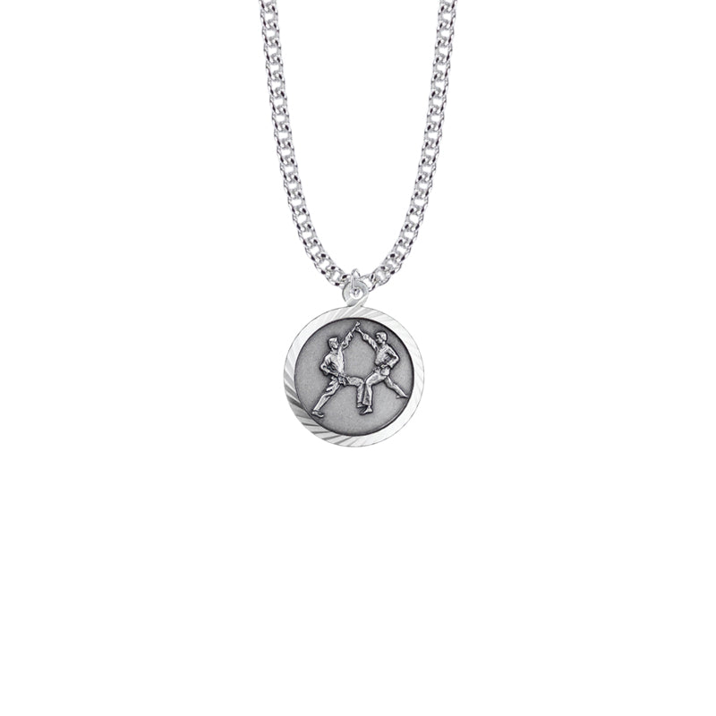 Round Sterling Silver Boy's Karate Medal with St. Christopher on Back