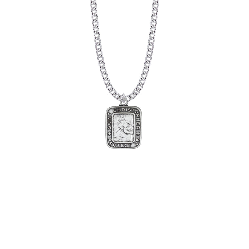 Sterling Silver Rectangle Antiqued St. Christopher Medal, Patron Saint of Travelers