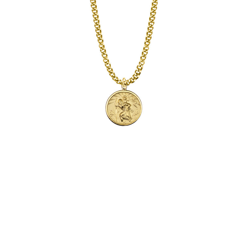 11/16 Inch Gold Plated Over Sterling Silver Round St. Christopher Sunburst Medal, Patron Saint of Travelers