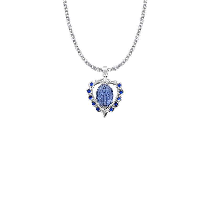 Sterling Silver Blue Enameled Heart Miraculous Medal