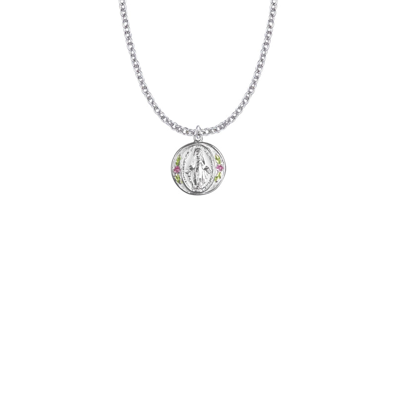 5/8 Inch Sterling Silver Round Miraculous Medal with Enameled Flowers