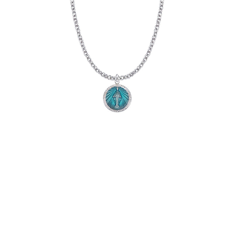 9/16 Inch Sterling Silver Round Blue Enameled Miraculous Medal