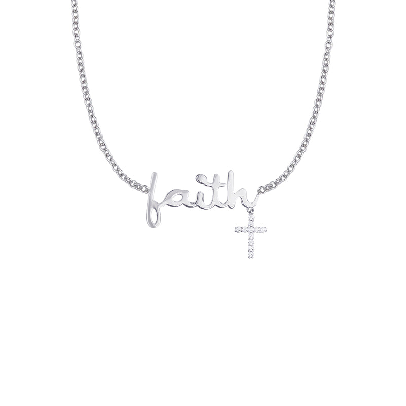 1/2 Inch Sterling Silver "Faith" with Cubic Zirconia Cross Charm Necklace