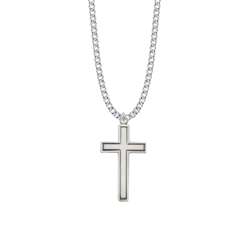 1-3/8 Inch Sterling Silver Diamond Engraved Border Cross Necklace