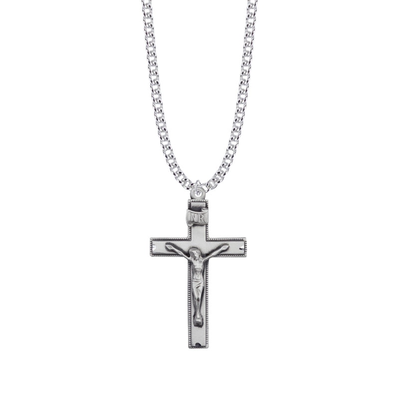 1-5/8 Inch Sterling Silver Beaded Antiqued Crucifix Necklace