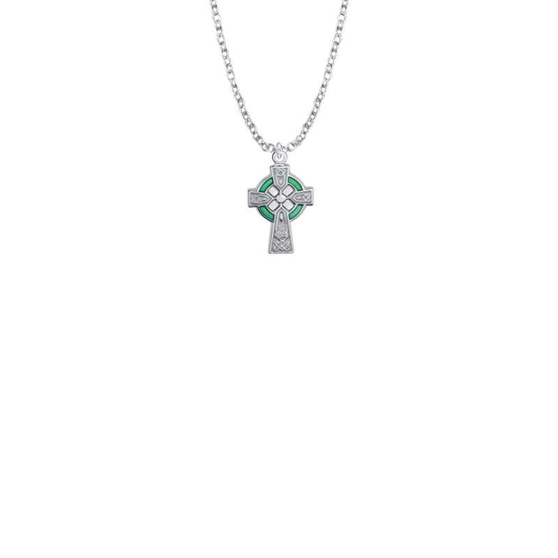 Sterling Silver Celtic Cross with Green Enamel Detail Baby Cross Necklace