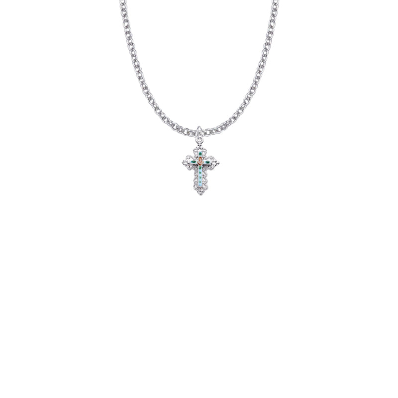7/8 Sterling Silver Enameled Rose Filigree Cross Necklace