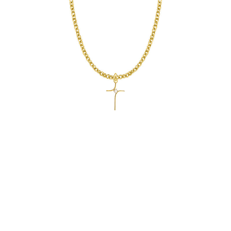 Gold Plated Over Sterling Silver Modern Looking Cross Necklace with Cubic Zirconia Stone