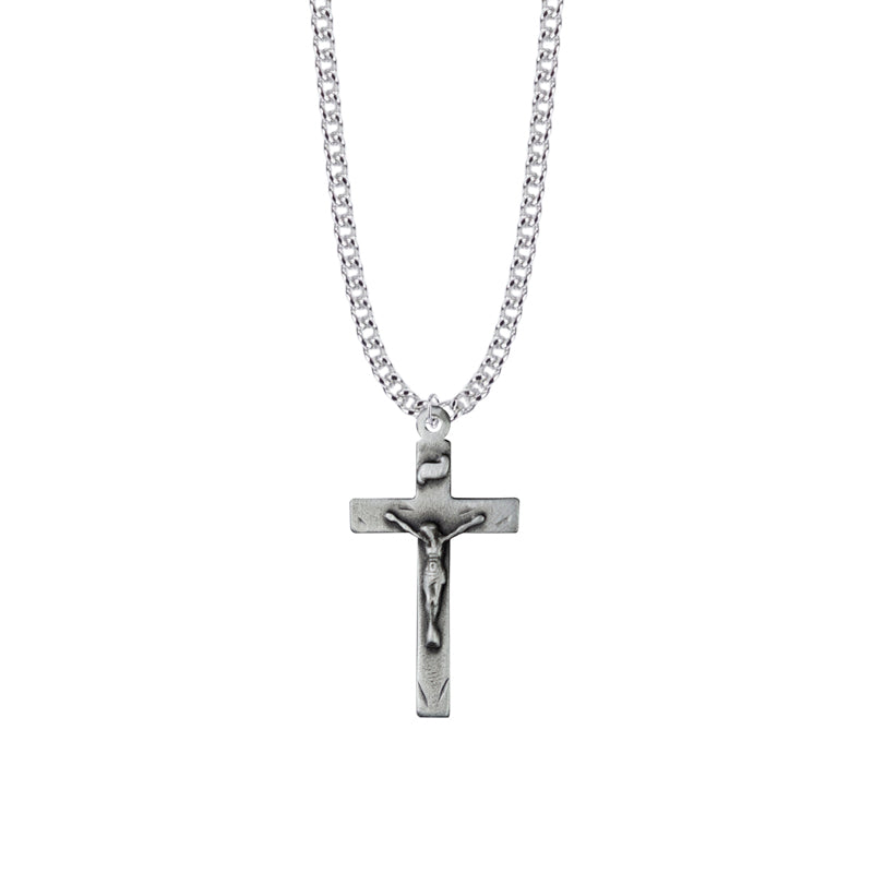 1-7/16 Inch Pewter Plain Antiqued and Engraved Crucifix Necklace