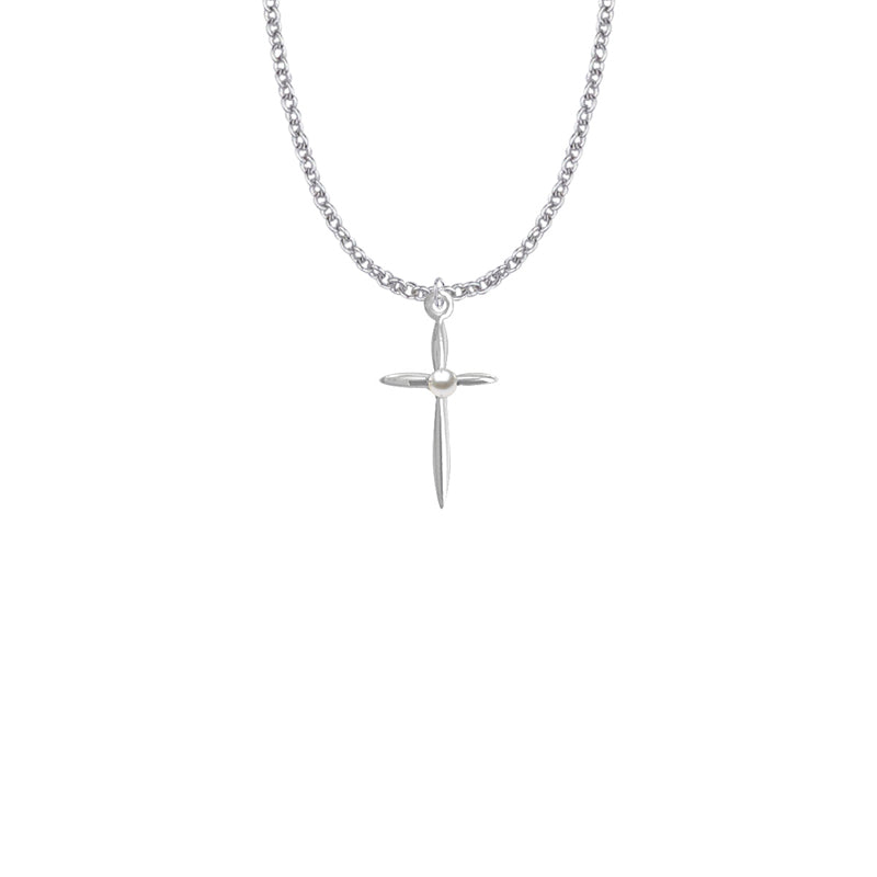 Silver Plated and White Synthetic Centered Pearl Cross Necklace